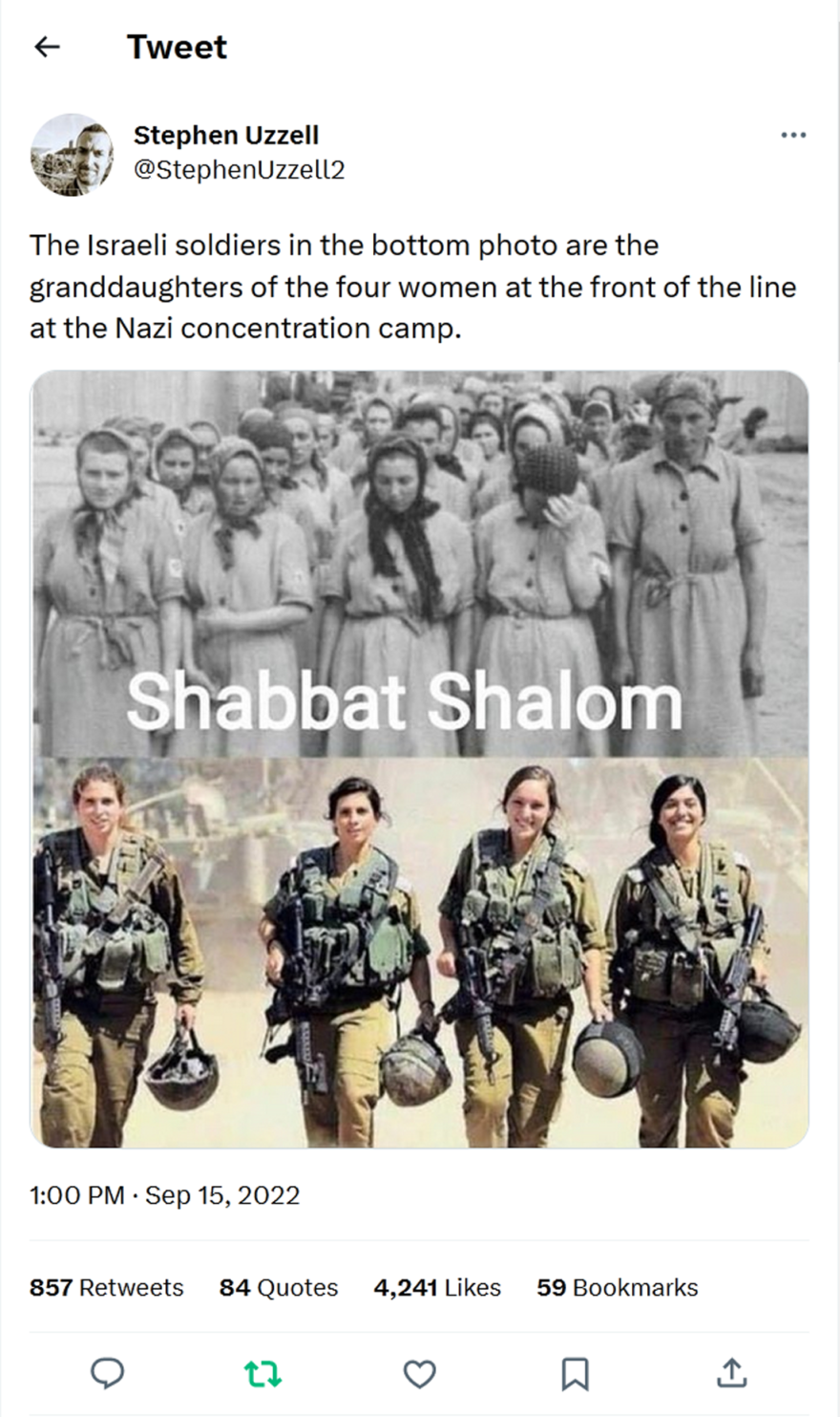 Stephen Uzzell-tweet-15September2022-The Israeli soldiers in the bottom photo are the granddaughters of the four women at the front of the line at the Nazi concentration camp.