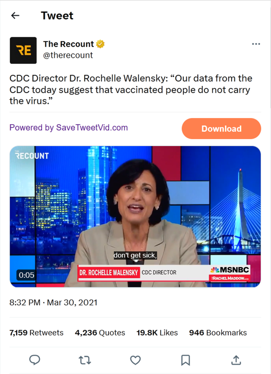 The Recount-tweet-30March2021-CDC Director Dr. Rochelle Walensk