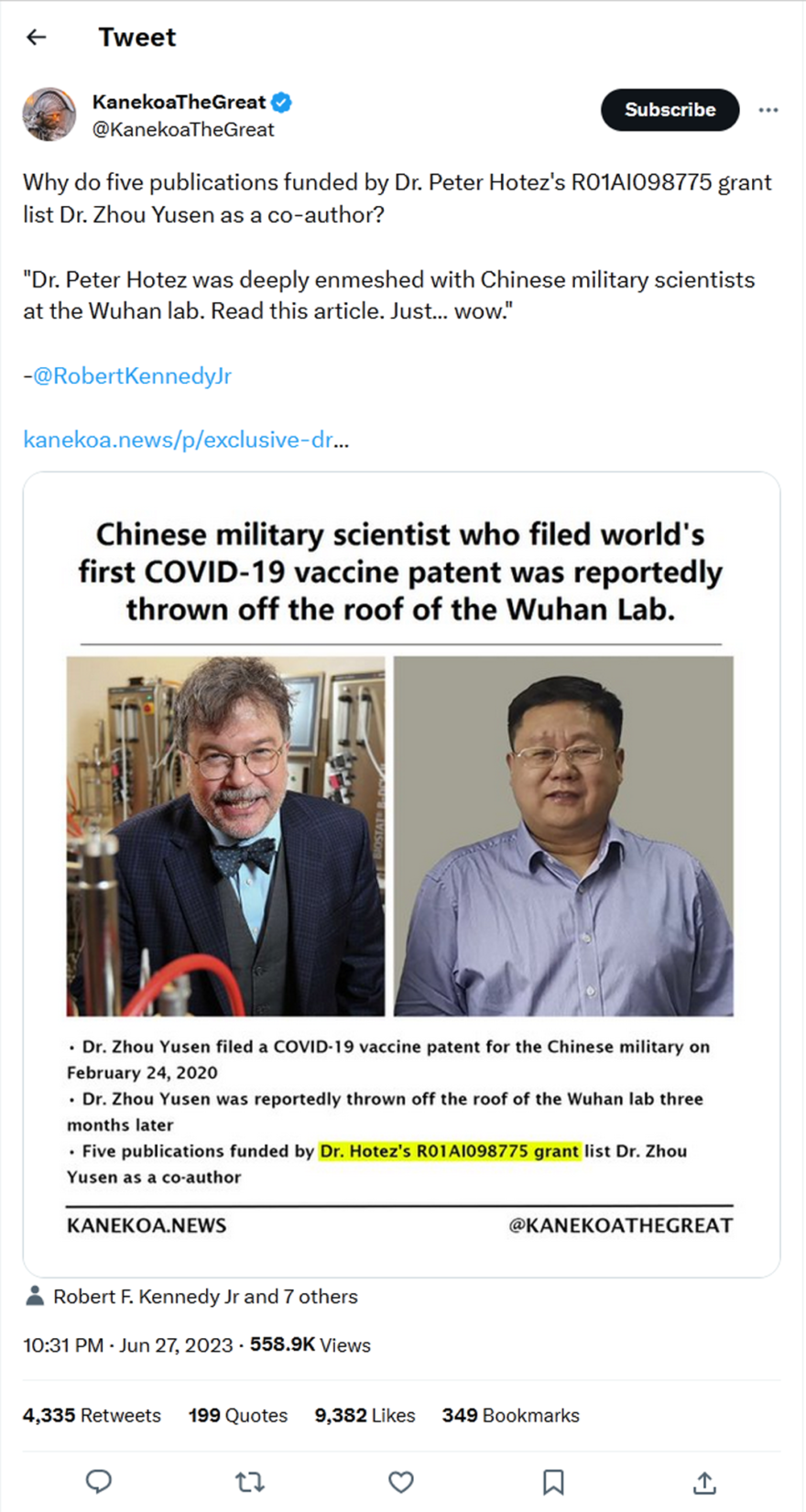 KanekoaTheGreat-tweet-27June2023-Why do five publications funded by Dr. Peter Hotez's R01AI098775 grant list Dr. Zhou Yusen as a co-author?