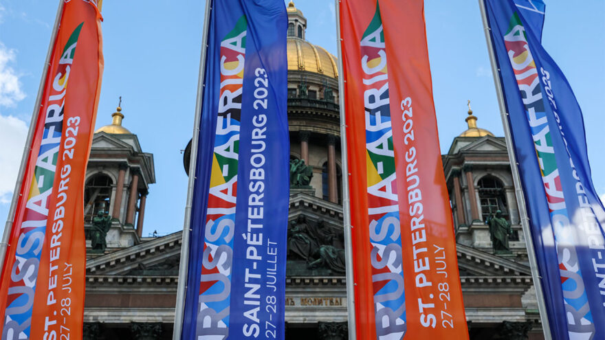 Flags promoting the second Russia-Africa Economic and Humanitarian Forum are pictured outside St. Isaac's Cathedral in St. Petersburg-Peter Kovalev TASS