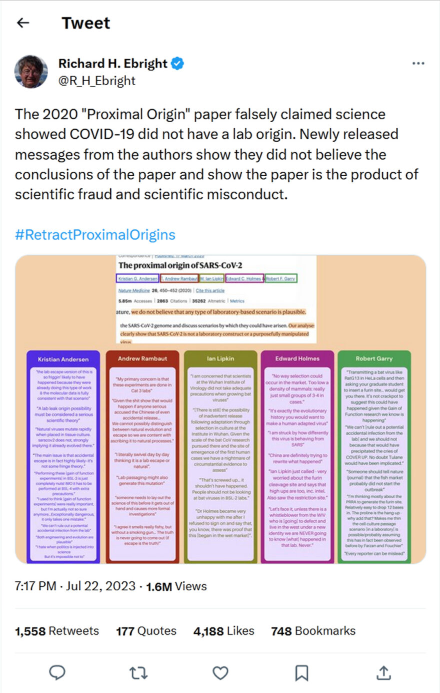 Richard H. Ebright-tweet-22July2023-The 2020 Proximal Origin paper falsely claimed science showed COVID-19 did not have a lab origin
