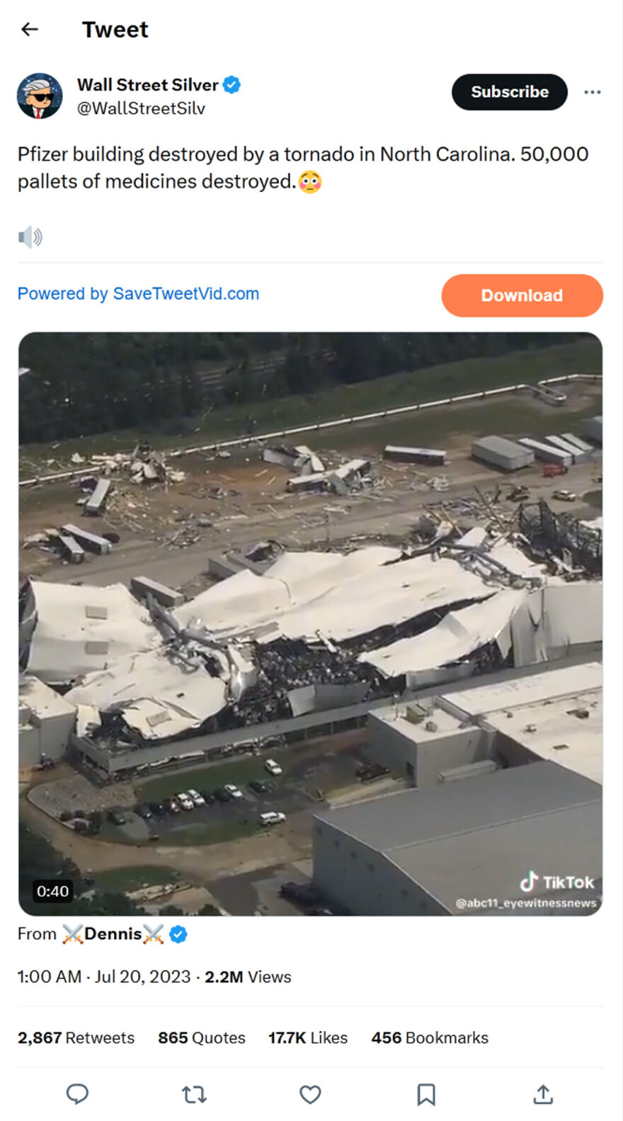 Wall Street Silver-tweet-19July2023-Pfizer building destroyed by a tornado in North Carolina