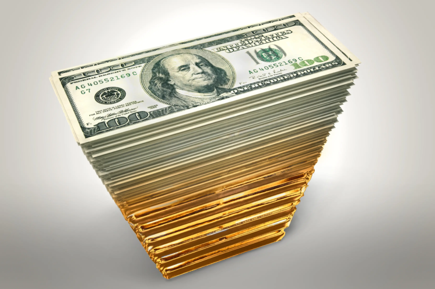 An illustration of the U.S. dollar linked to gold. (Illustration by The Epoch Times, Shutterstock)