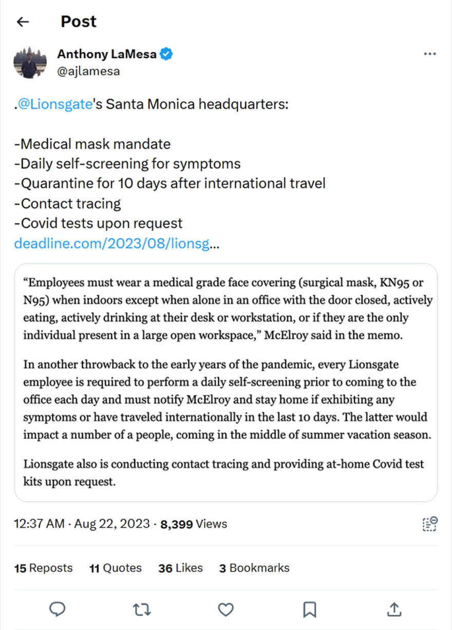 Anthony LaMesa-tweet-21August2023-Lionsgates Santa Monica headquarters Medical mask mandate