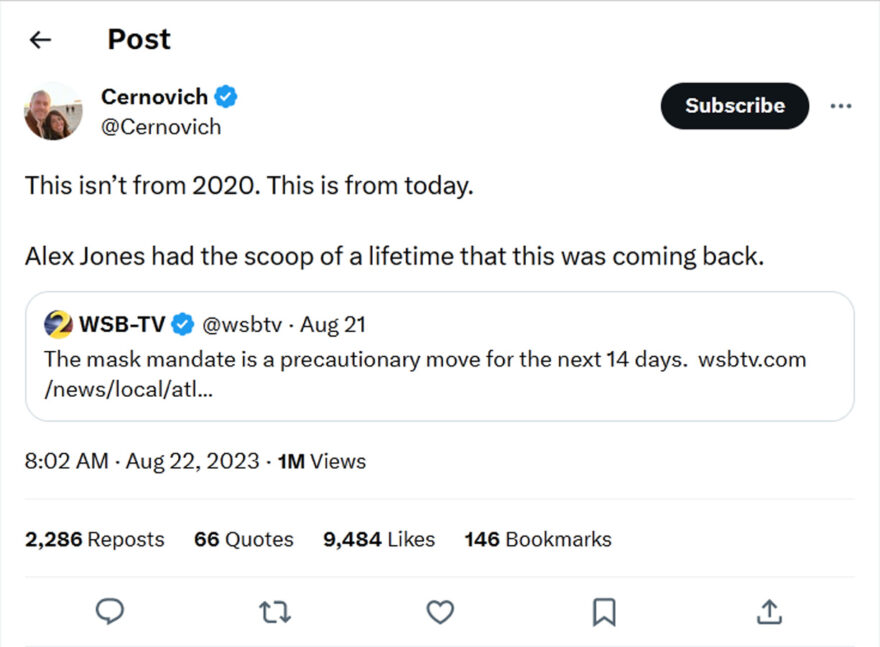 Cernovich-tweet-22August2023-Alex Jones had the scoop of a lifetime that this was coming back