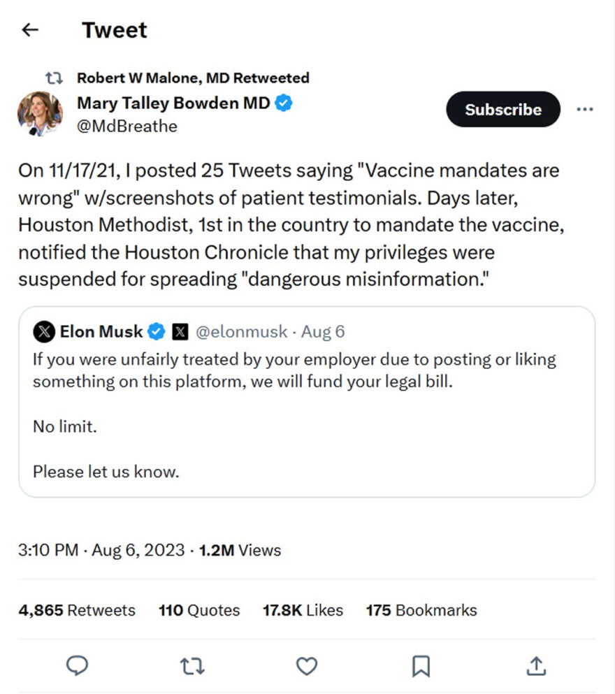Mary Talley Bowden MD-tweet-6August2023-On 11/17/21, I posted 25 Tweets saying "Vaccine mandates are wrong" w/screenshots of patient testimonials. Days later, Houston Methodist, 1st in the country to mandate the vaccine, notified the Houston Chronicle that my privileges were suspended for spreading "dangerous misinformation."