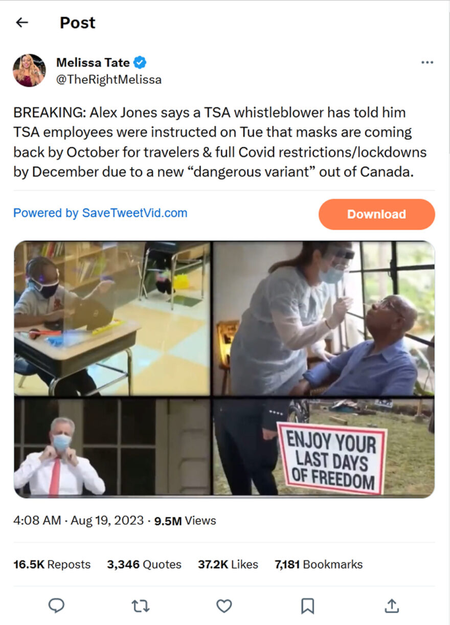 Melissa Tate-tweet-19August2023-Alex Jones says TSA employees were instructed on Tue that masks are coming back