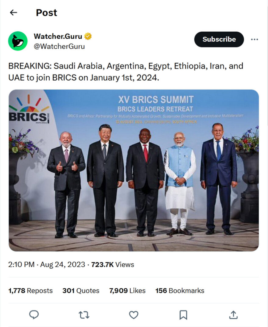Watcher.Guru-tweet-24August2023-Saudi Arabia, Argentina, Egypt, Ethiopia, Iran, and UAE to join BRICS