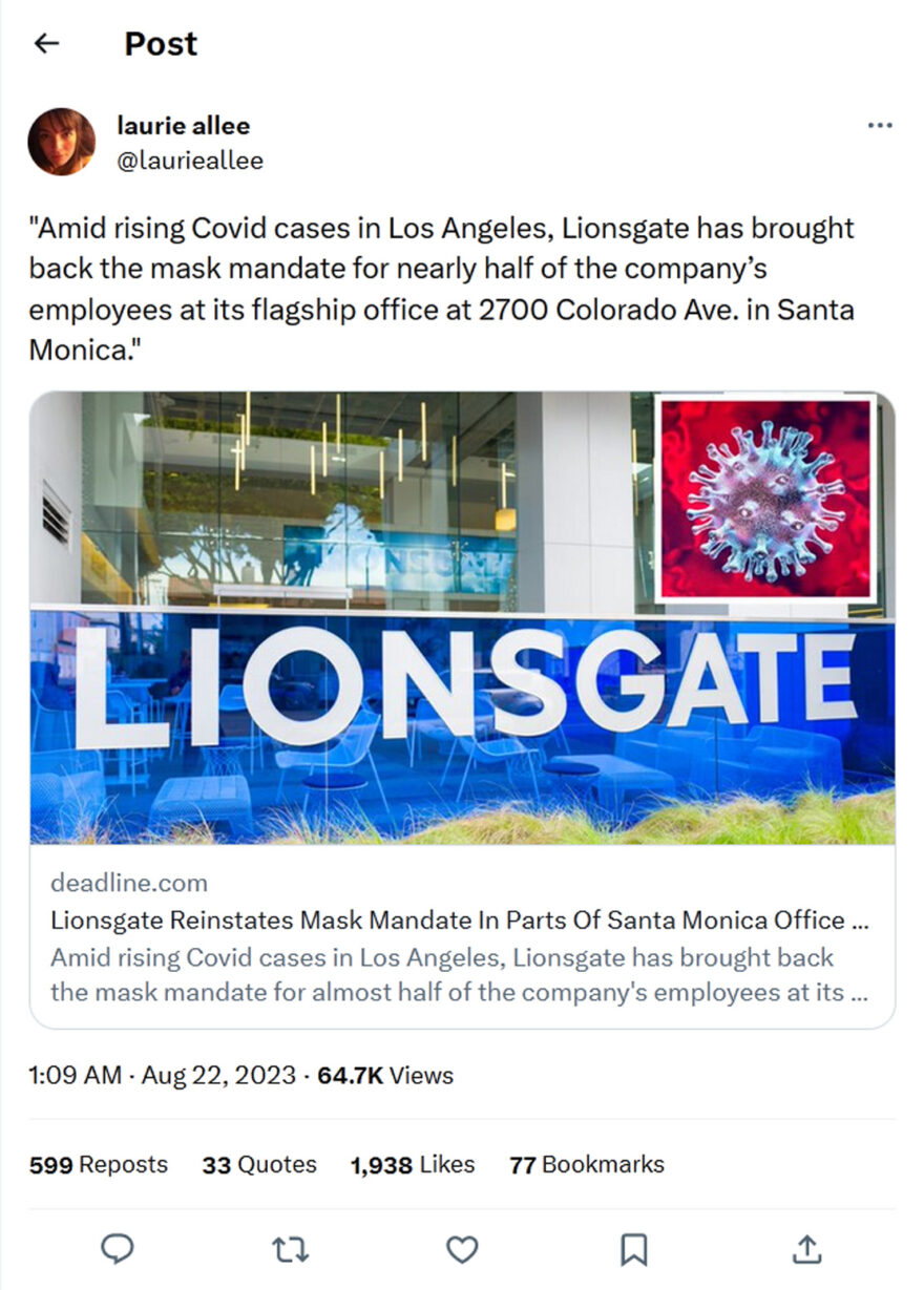 laurie allee-tweet-21August2023-Lionsgate has brought back the mask mandate