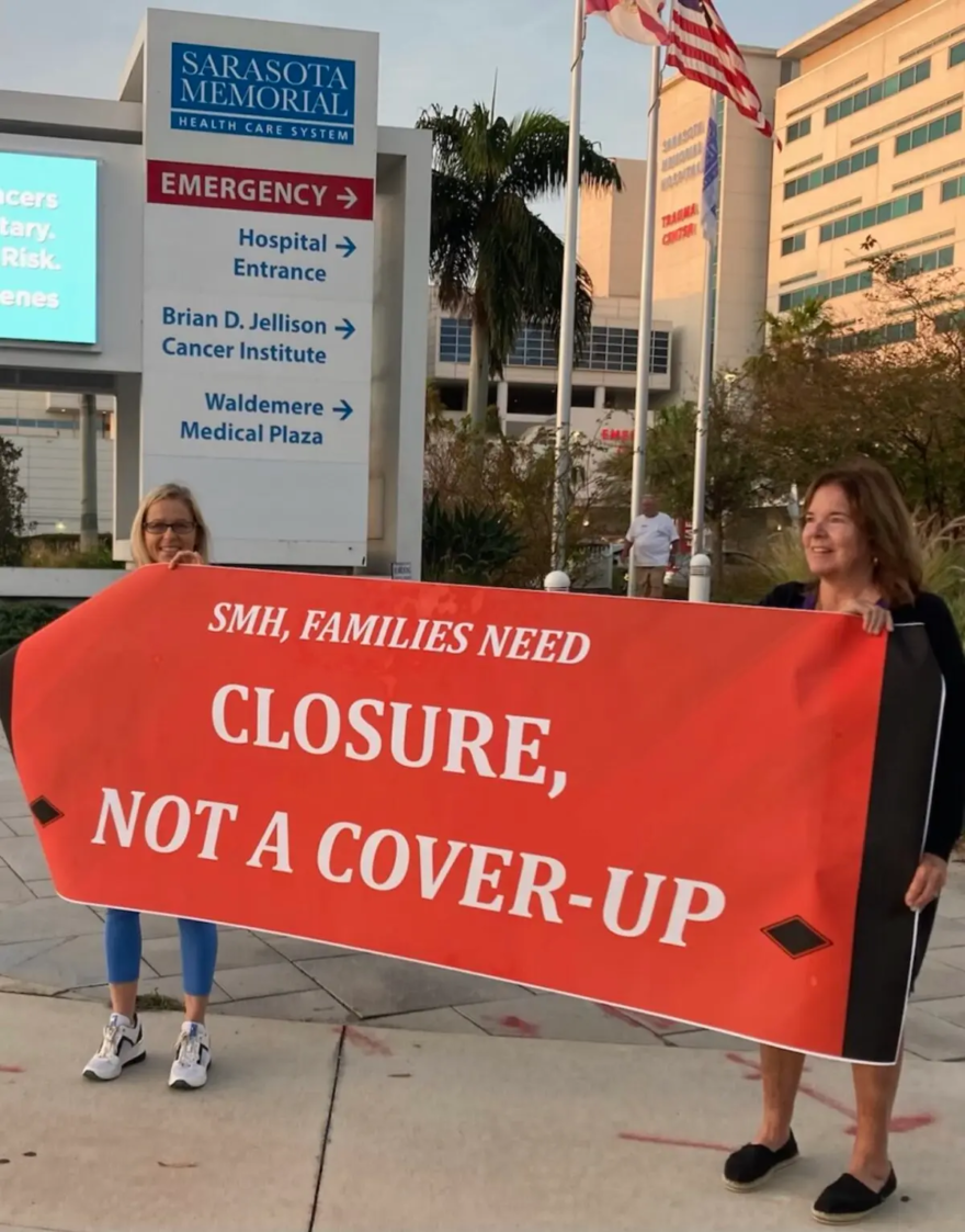 Protesters concerned about treatment of people who died while being treated for COVID-19 stand outside a board meeting at Sarasota Memorial Hospital in Sarasota, Fla., on Feb. 21, 2023. (Courtesy of Tanya Parus)