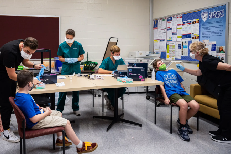 Students are tested for COVID-19 at Brandeis Elementary School in Louisville, Ky., on Aug. 17, 2021. (Jon Cherry/Getty Images)
