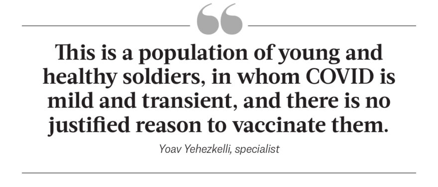 This is a population of young and healthy soldiers, in whom COVID is mild and transient, and there is no justified reason to vaccinate them. - Yoav Yehezkeilli, specialist