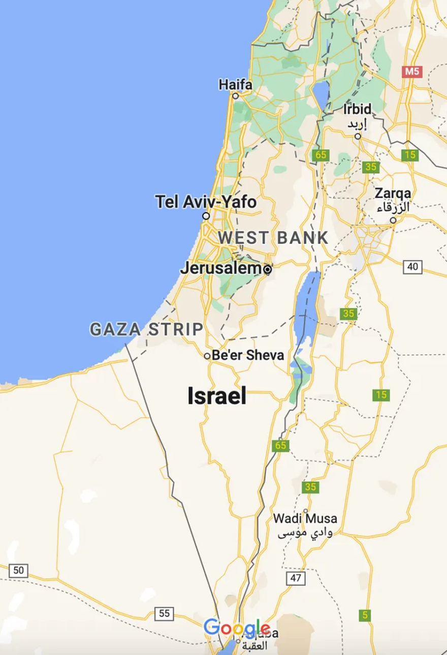 GoogleMaps screenshot / Simcha Pasko - A map of Israel and the West Bank.