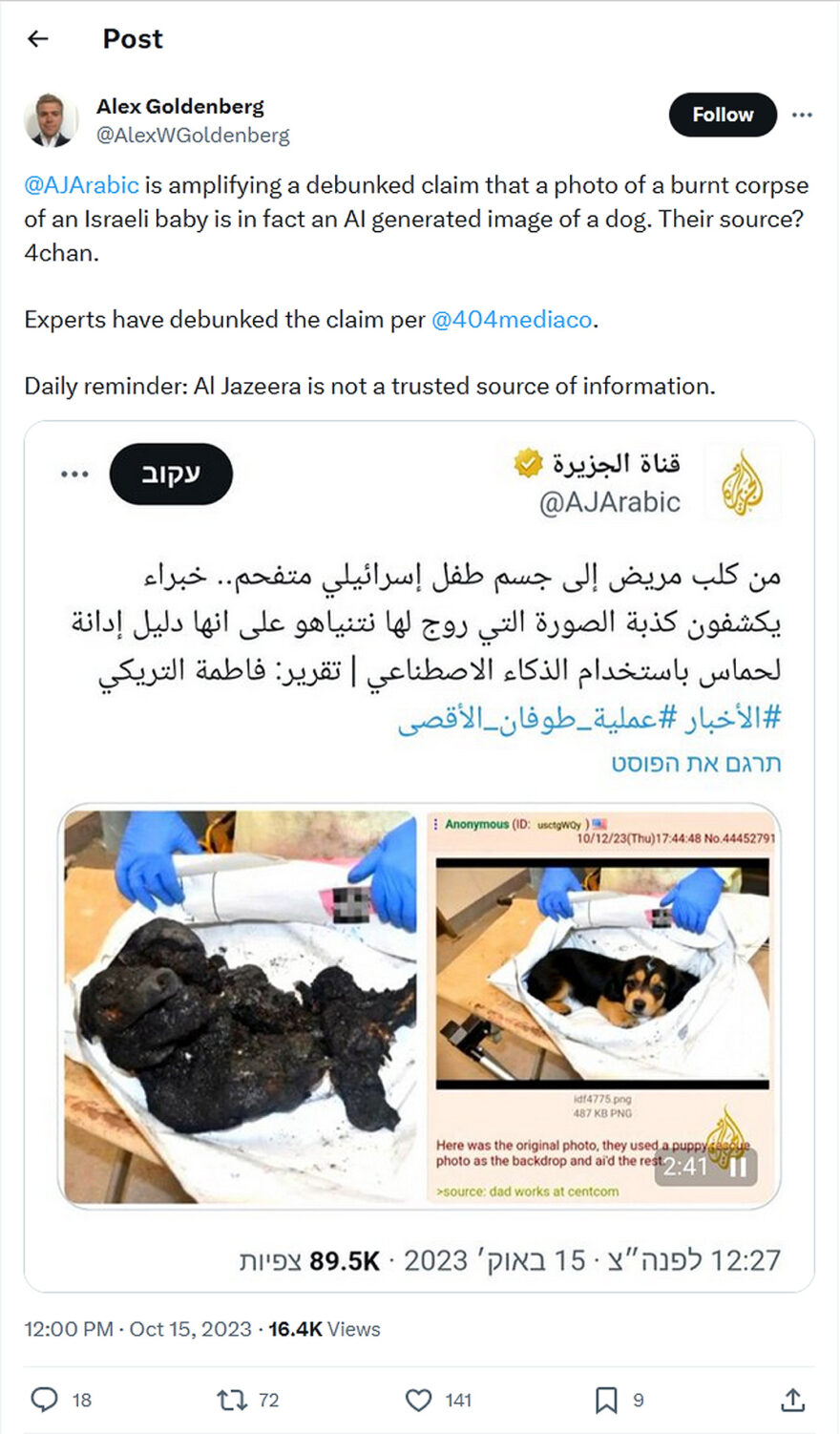 Alex Goldenberg-tweet-15October2023-@AJArabic is amplifying a debunked claim that a photo of a burnt corpse of an Israeli baby is in fact an AI generated image of a dog. Their source? 4chan.