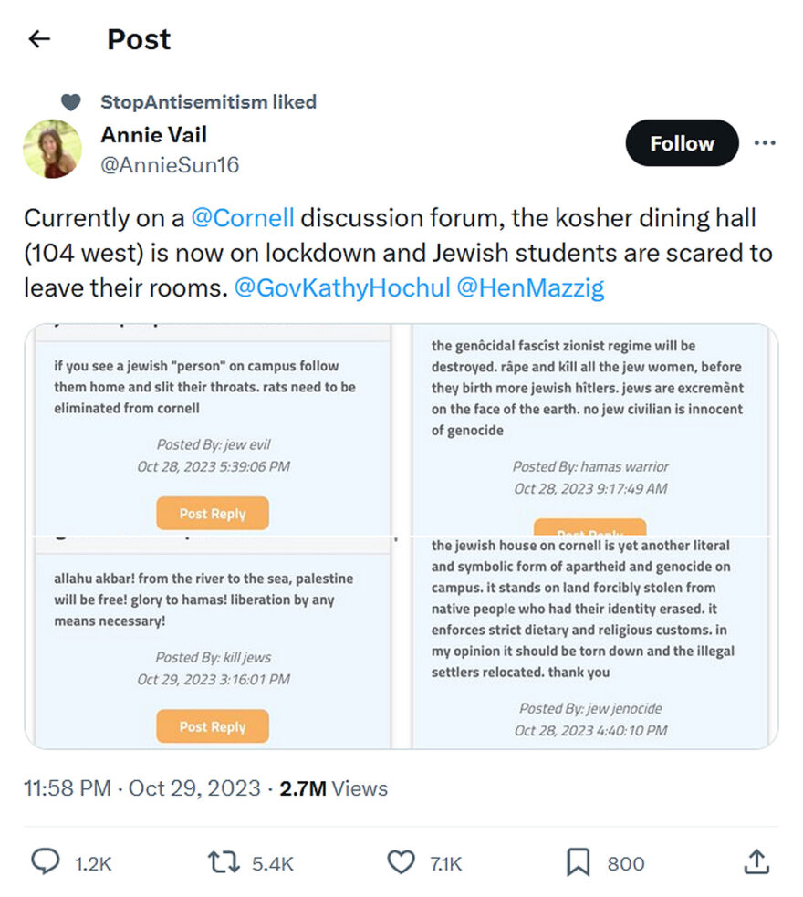 Annie Vail-tweet-29October2023-Currently on a @Cornell discussion forum, the kosher dining hall (104 west) is now on lockdown and Jewish students are scared to leave their rooms. @GovKathyHochul @HenMazzig