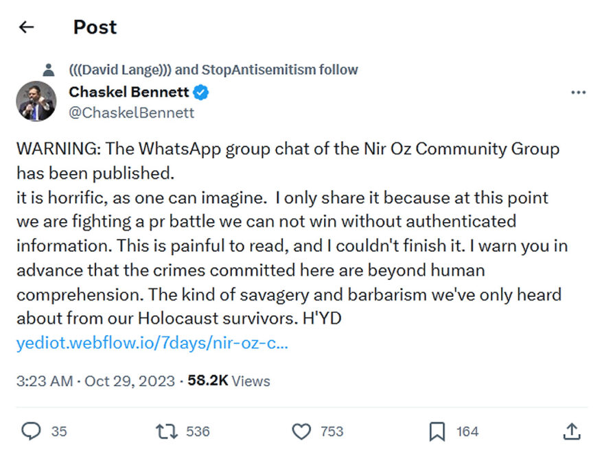 Chaskel Bennett-tweet-29October-2023-The WhatsApp group chat of the Nir Oz Community Group has been published