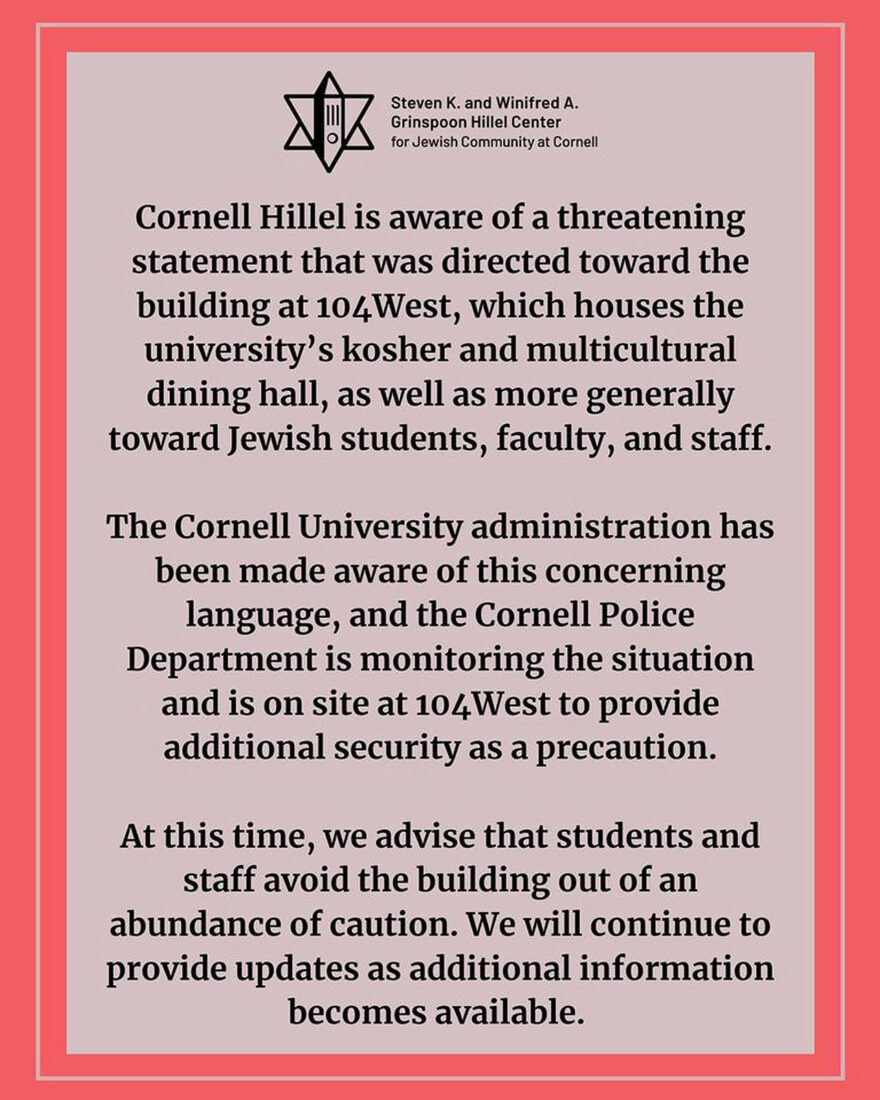 Cornell Hillel Warning Threats-10-29-2023