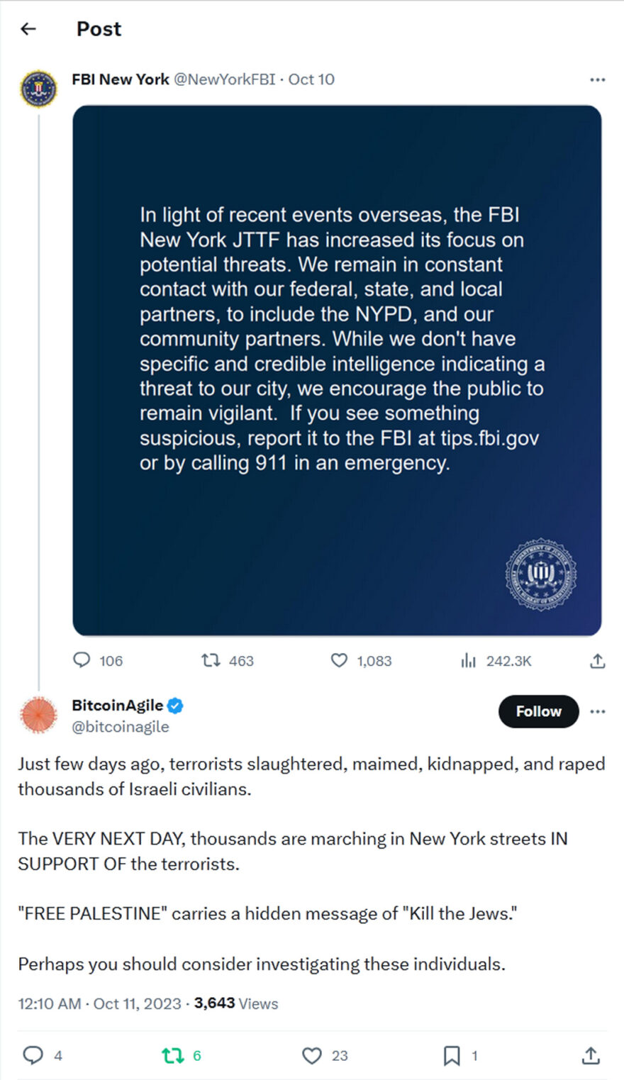FBI New York-tweet-10October2023