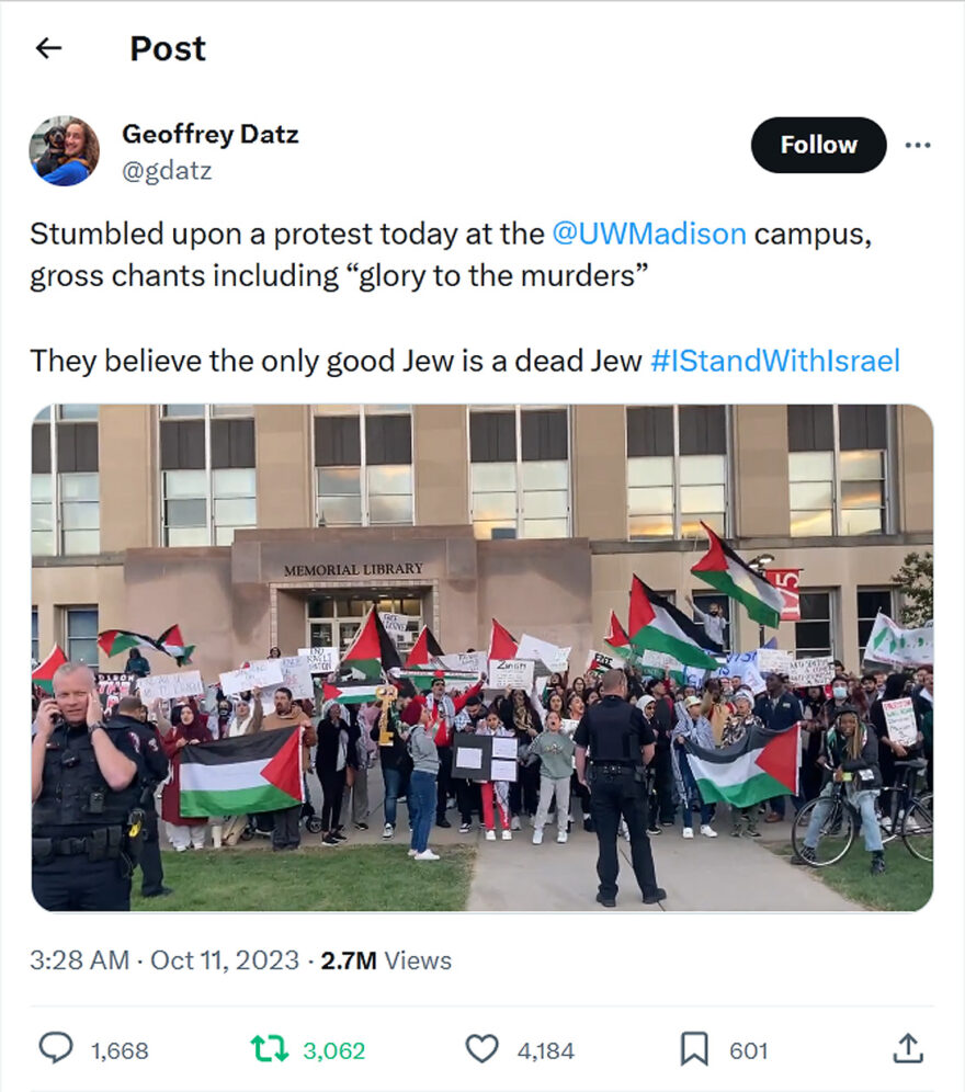 Geoffrey Datz-tweet-11October2023-protest at the UWMadison campus-gross chants including-glory to the murders