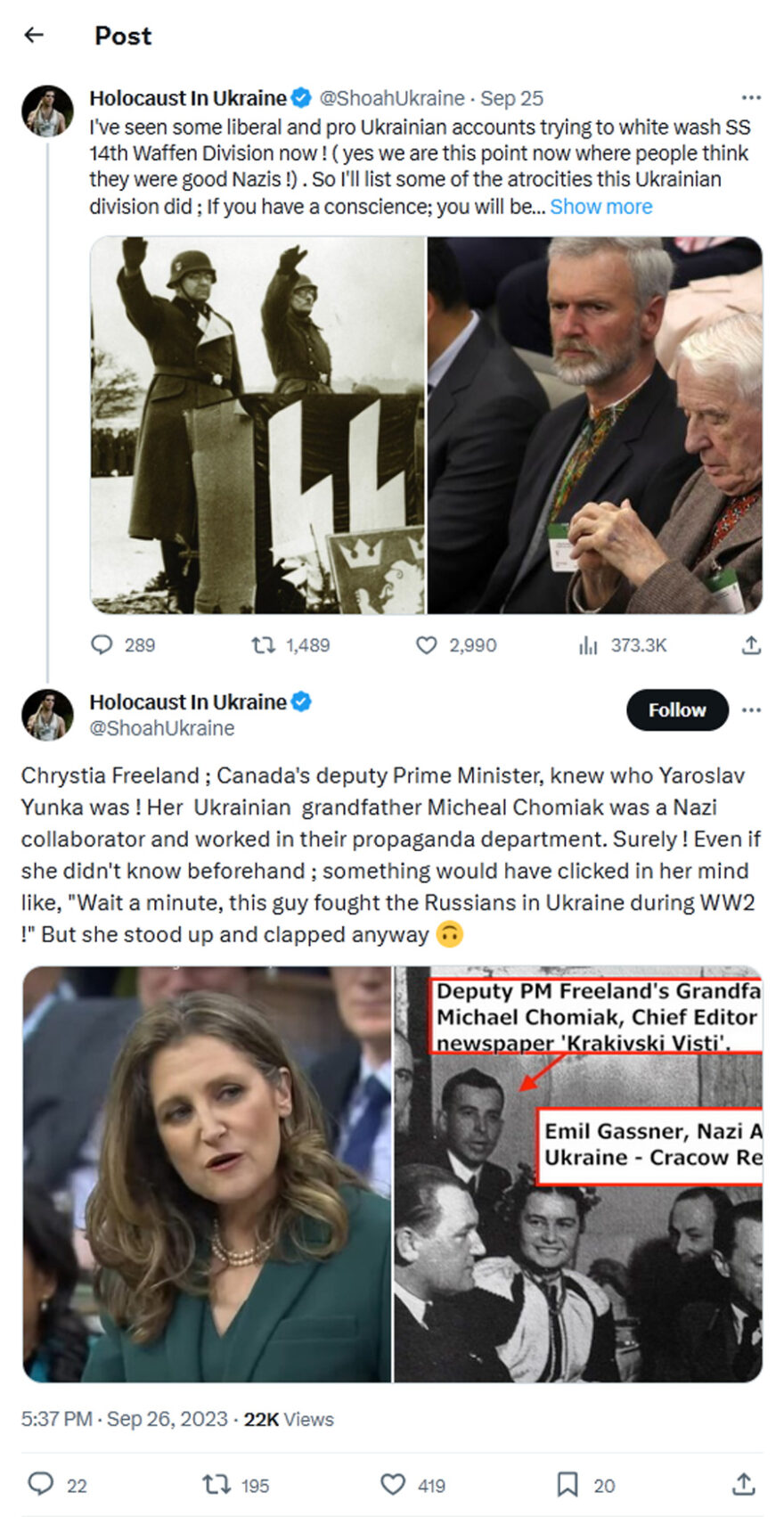 Holocaust In Ukraine-tweet-26September2023- Freeland ; Canada's deputy Prime Minister, knew who Yaroslav Yunka was ! Her Ukrainian grandfather Micheal Chomiak was a Nazi collaborator and worked in their propaganda department. Surely ! Even if she didn't know beforehand ; something would have clicked in her mind…