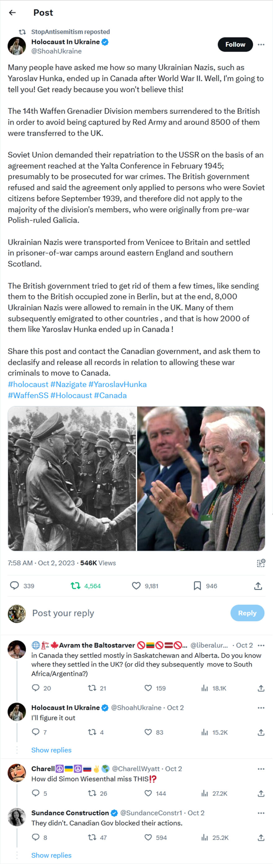 Holocaust In Ukraine-tweet-2October2023-How so many Ukrainian Nazis ended up in Canada after World War II