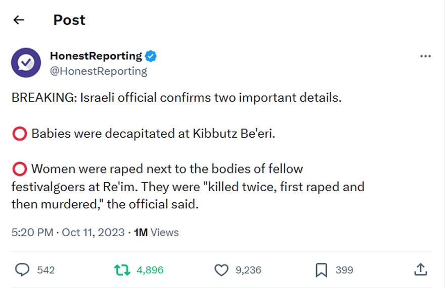HonestReporting-tweet-11October2023-Israeli official confirms two important details