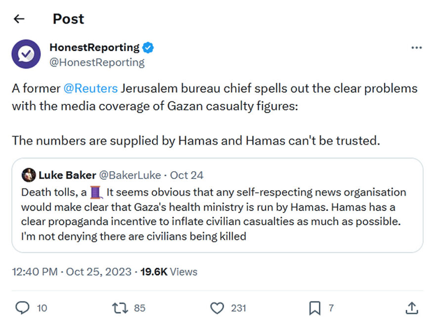 HonestReporting-tweet-25October2023-The numbers are supplied by Hamas and Hamas can't be trusted