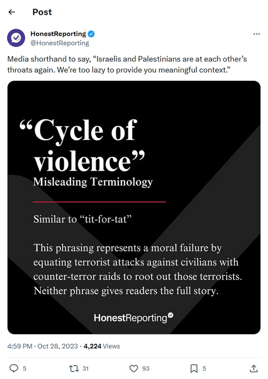 HonestReporting-tweet-28October2023-Cycle of Violence-misleading terminology