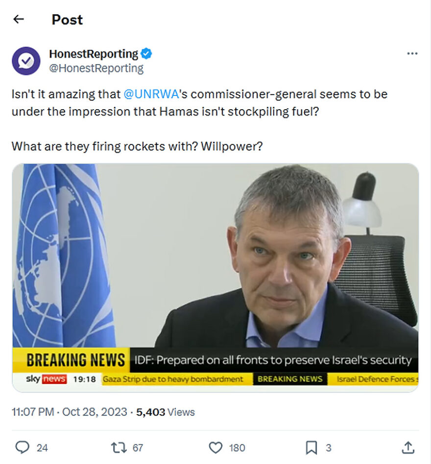 HonestReporting-tweet-28October2023-Isn't-it-amazing-that-@UNRWA's-commissioner-general