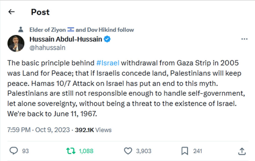 Hussain Abdul-Hussain-tweet-9October2023-Israel withdrawal from Gaza Strip in 2005 was Land for Peace;
