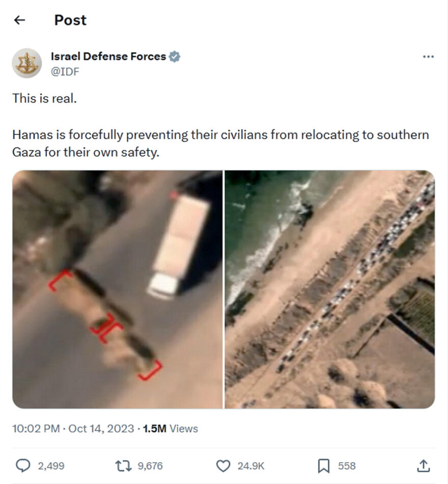 Israel Defense Forces-tweet-14October2023-Hamas is forcefully preventing their civilians from relocating to southern Gaza for their own safety