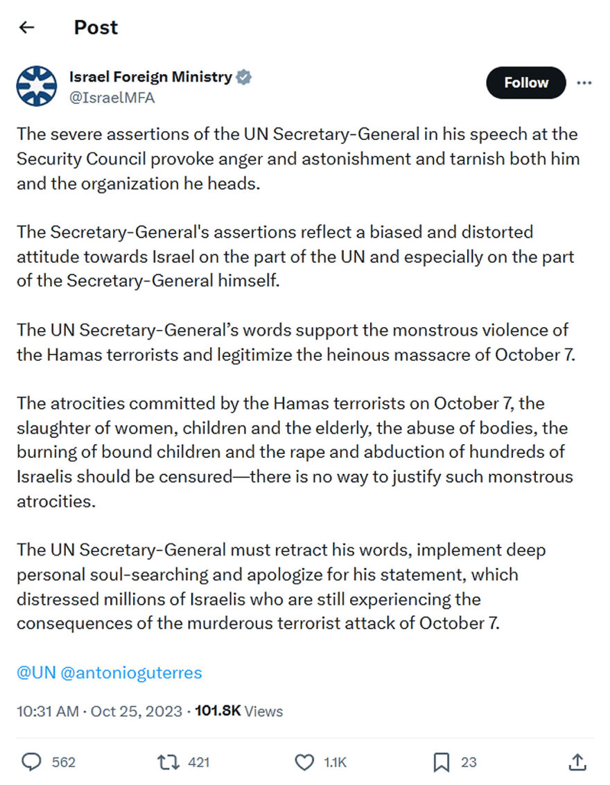 Israel Foreign Ministry-tweet-25October2023-UN Secretary-General in his speech at the Security Council