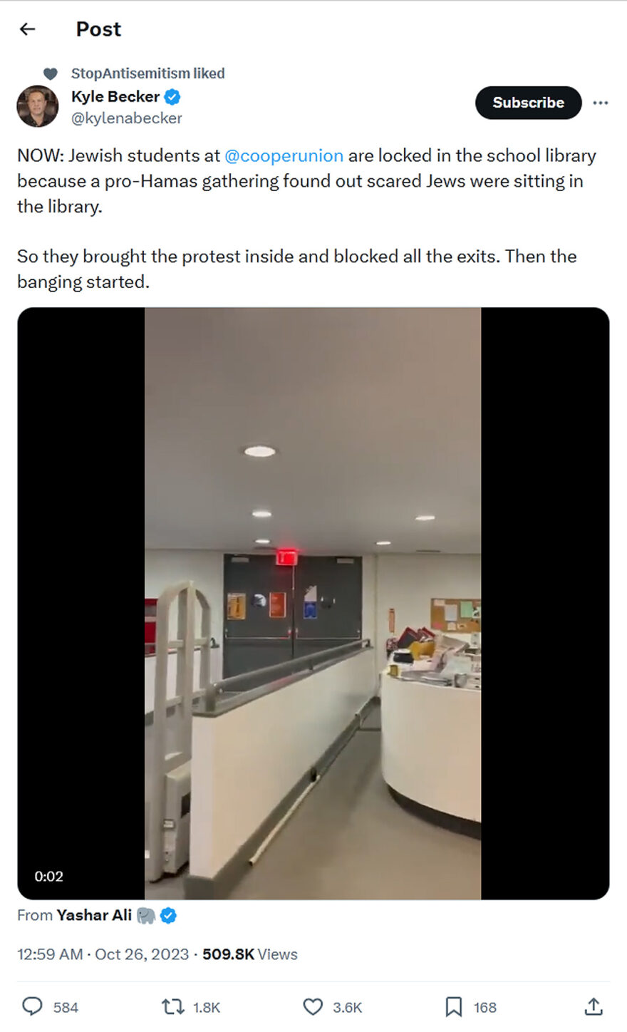 Kyle Becker-tweet-25October2023-Jewish students at cooperunion are locked in the school library
