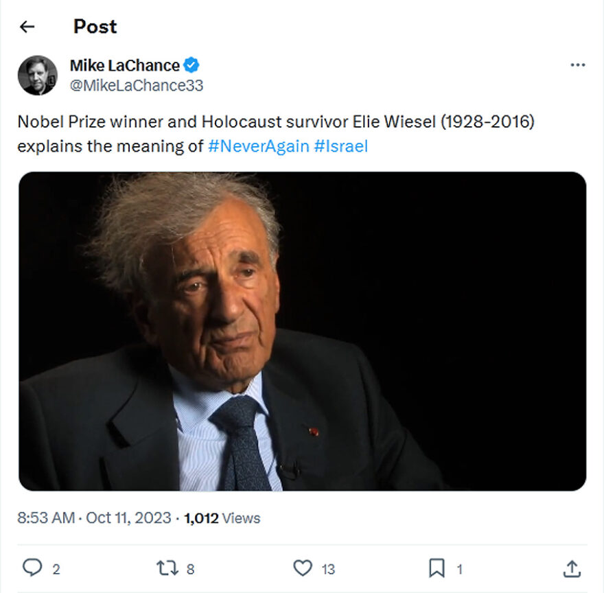 Mike LaChance-tweet-11October2023-Nobel Prize winner and Holocaust survivor Elie Wiesel (1928-2016) explains the meaning of Never Again