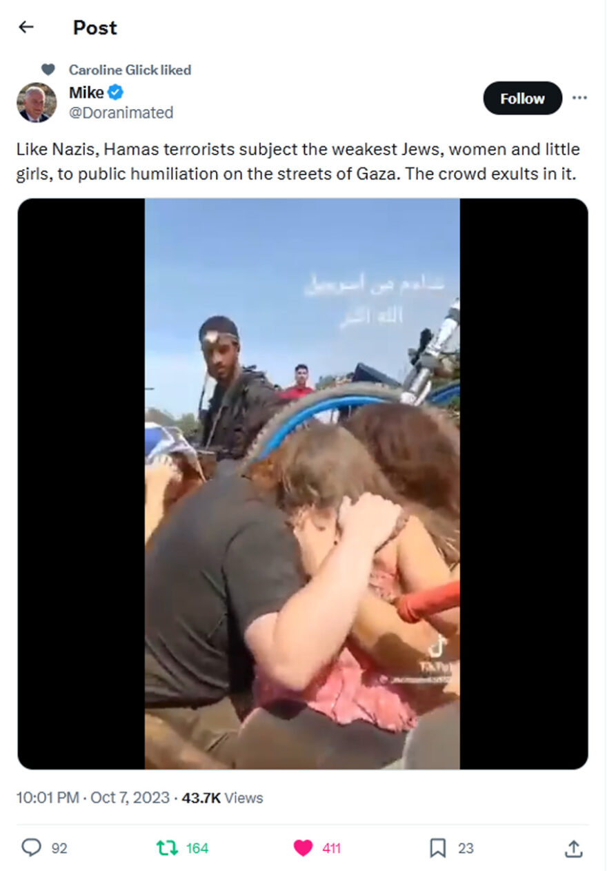 Mike-tweet-7October2023-Hamas terrorists subject women and little girls to public humiliation on the streets of Gaza