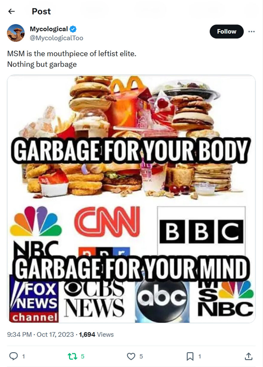 Mycological-tweet-17October2023-MSM is the mouthpiece of leftist elite. - Nothing but garbage