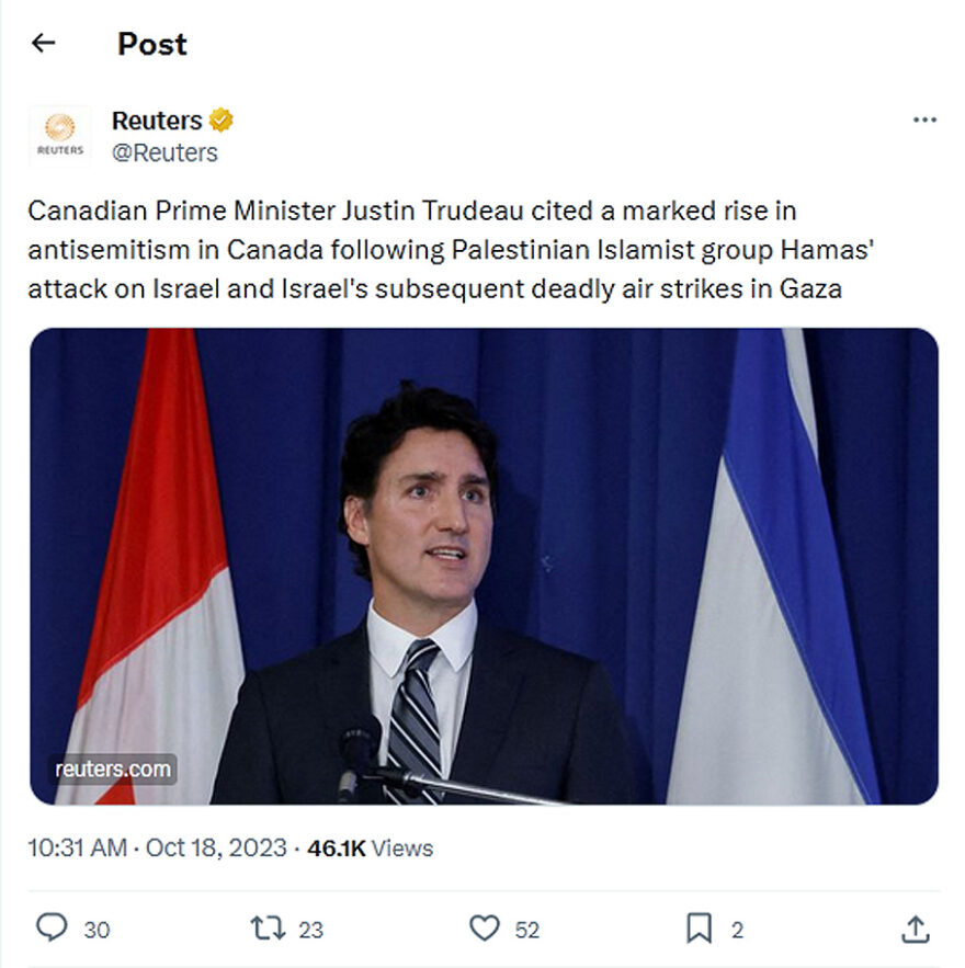 Reuters-tweet-18October2023-Canadian Prime Minister Justin Trudeau cited a marked rise in antisemitism in Canada