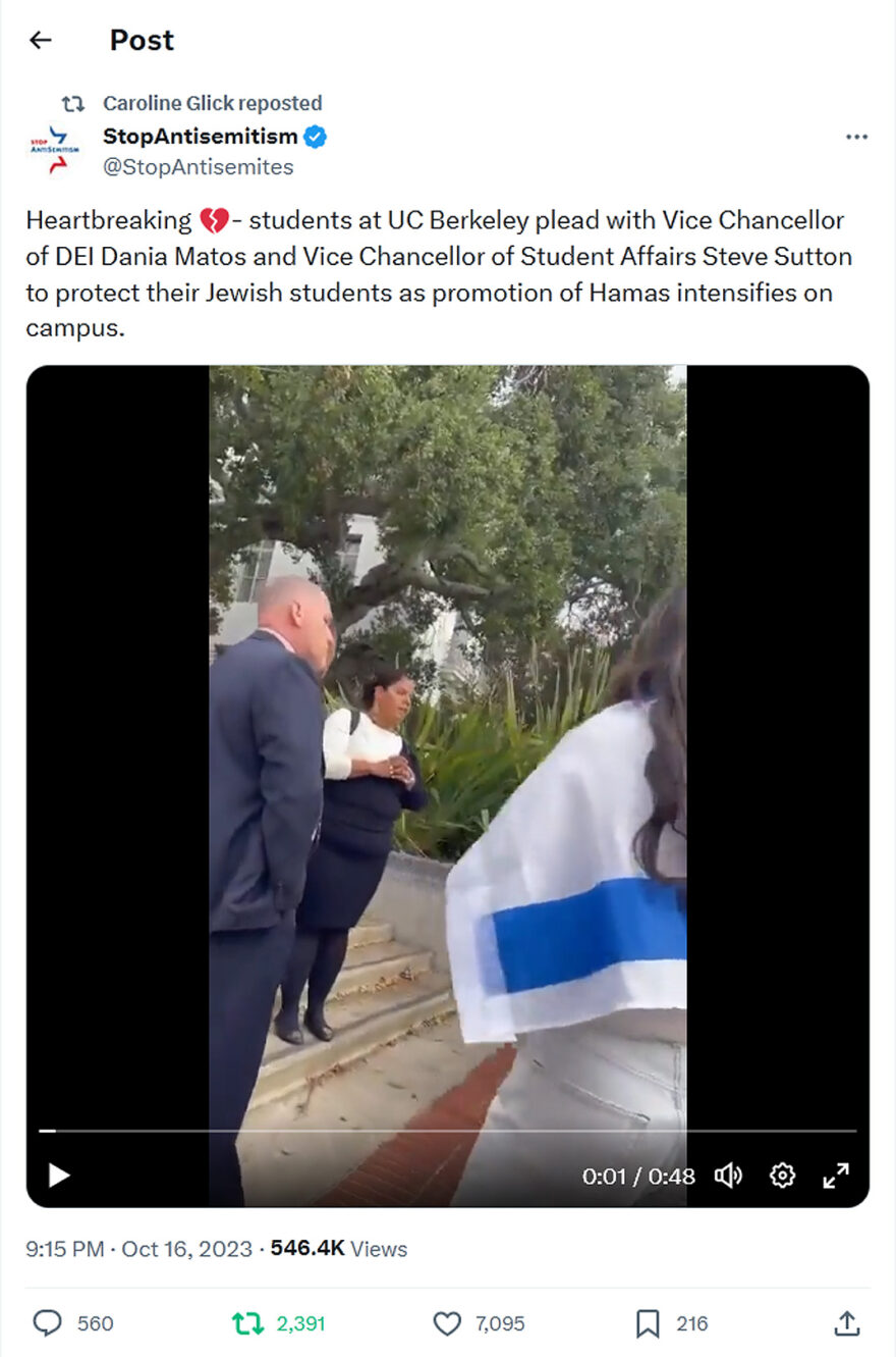 StopAntisemitism-tweet-16October2023-students at UC Berkeley plead with Vice Chancellors to protect their Jewish students