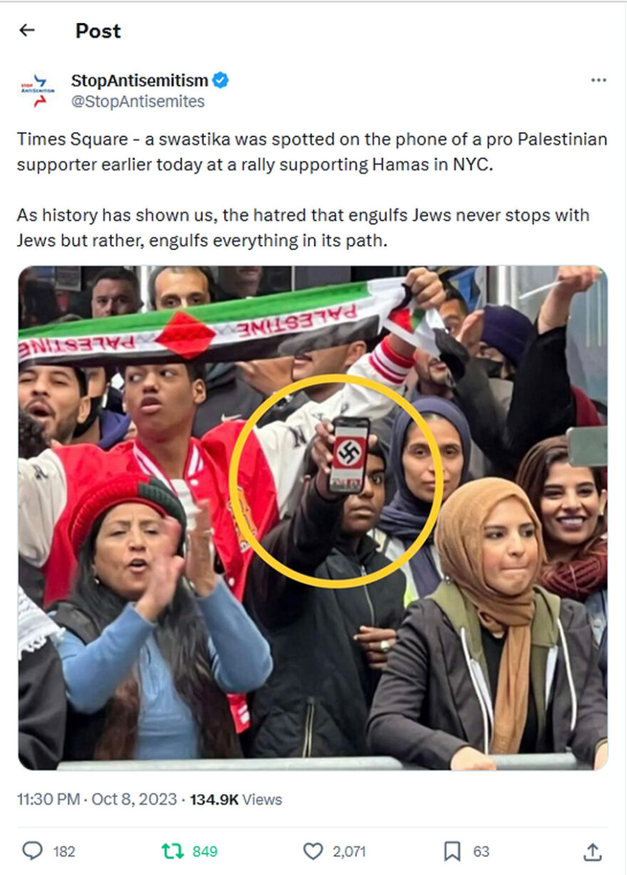 StopAntisemitism-tweet-8October2023-Times Square-a swastika was spotted on the phone of a pro Palestinian supporter