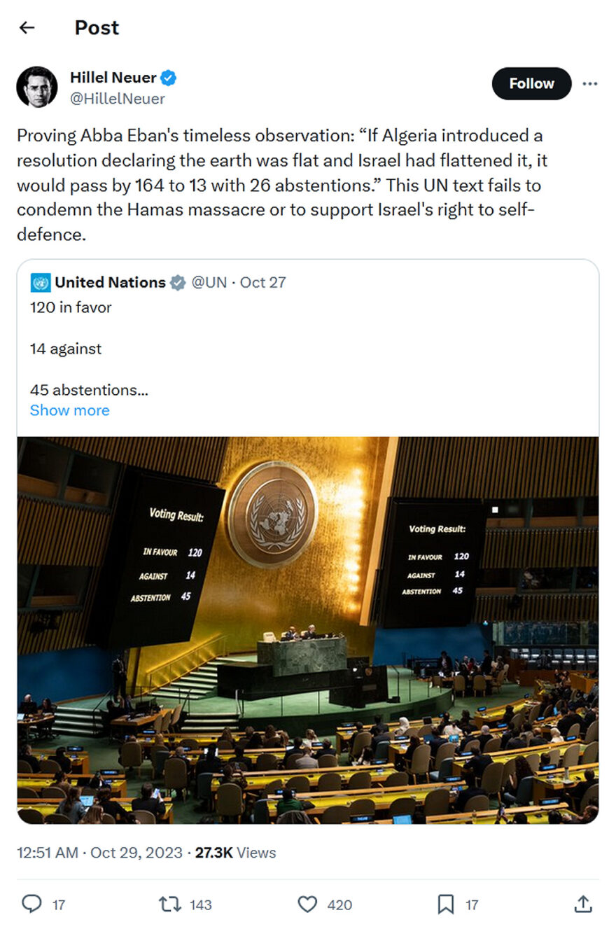 UN Watch-tweet-28October2023-Proving Abba Eban's timeless observation
