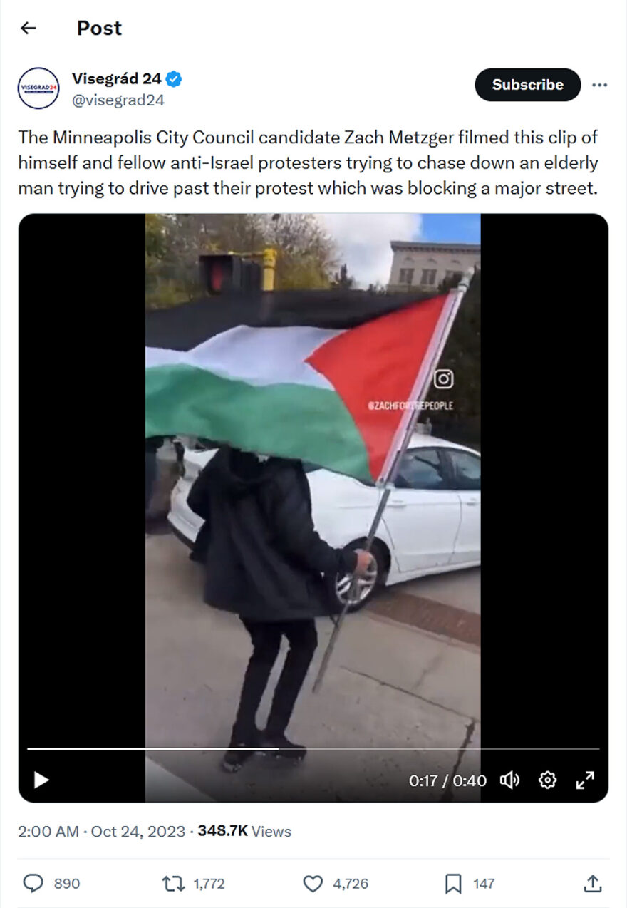 Visegrád 24-tweet-23October2023-The Minneapolis City Council candidate Zach Metzger filmed this clip of himself and fellow anti-Israel protesters trying to chase down an elderly man trying to drive past their protest which was blocking a major street.