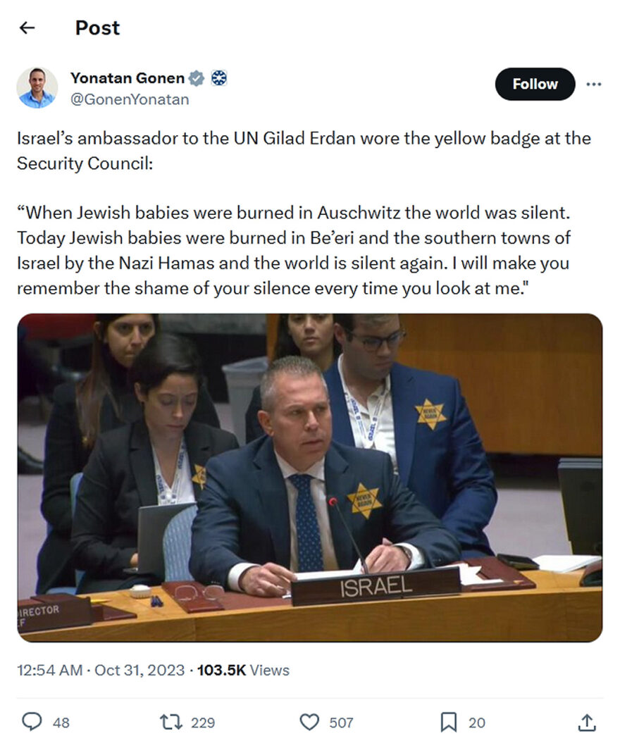 Yonatan Gonen-tweet-30October2023-Israel’s ambassador to the UN Gilad Erdan wore the yellow Star of David at the Security Council