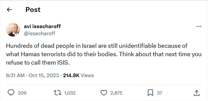 avi issacharoff-tweet-15October2023-Hundreds of dead people in Israel are still unidentifiable because of what Hamas terrorists did to their bodies