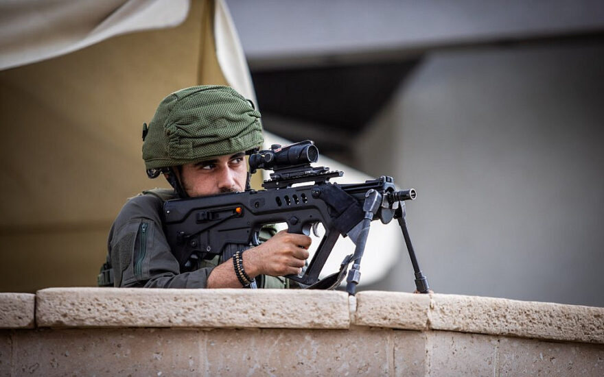 An Israeli soldier on patrol in the southern city of Sderot