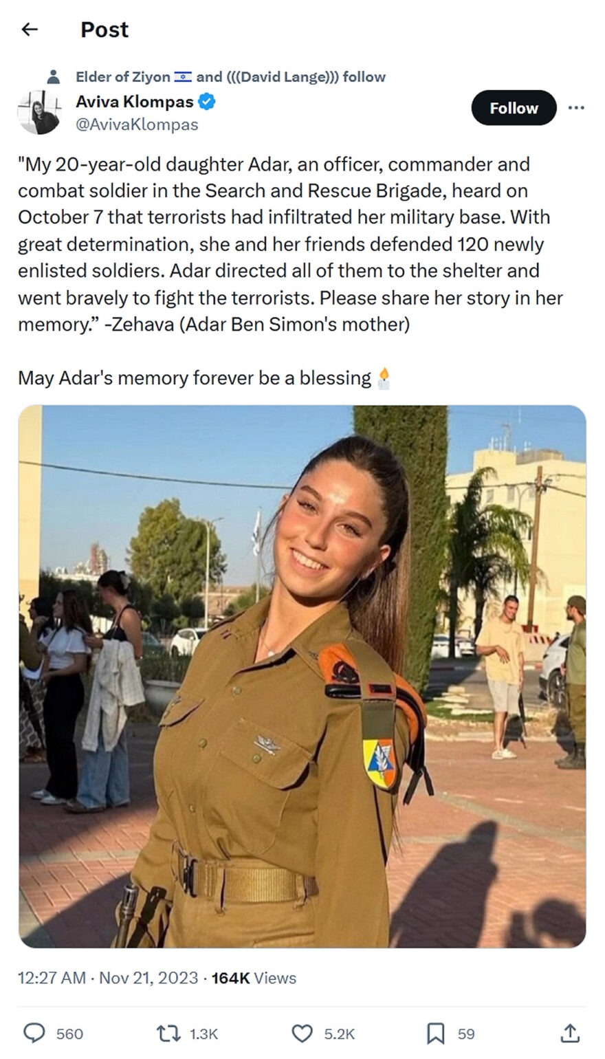 Aviva Klompa-tweet-20November2023-Adar defended 120 newly enlisted soldiers