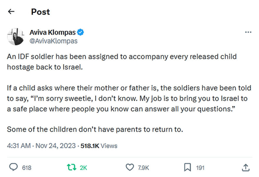 Aviva Klompas-tweet-24November2023-The released child hostages