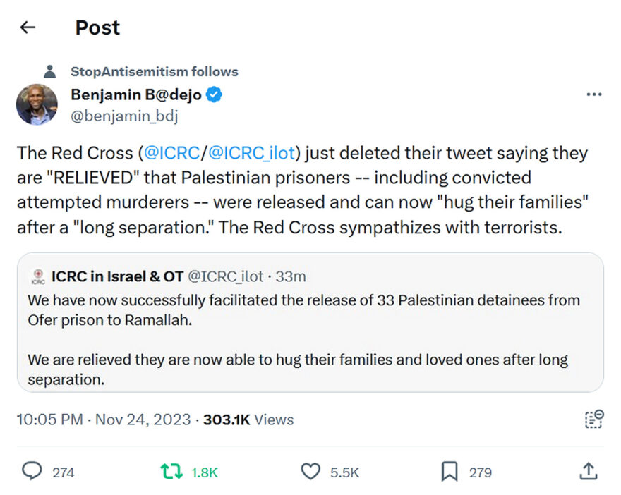Benjamin B@dejo-tweet-24November2023-The Red Cross sympathizes with terrorists
