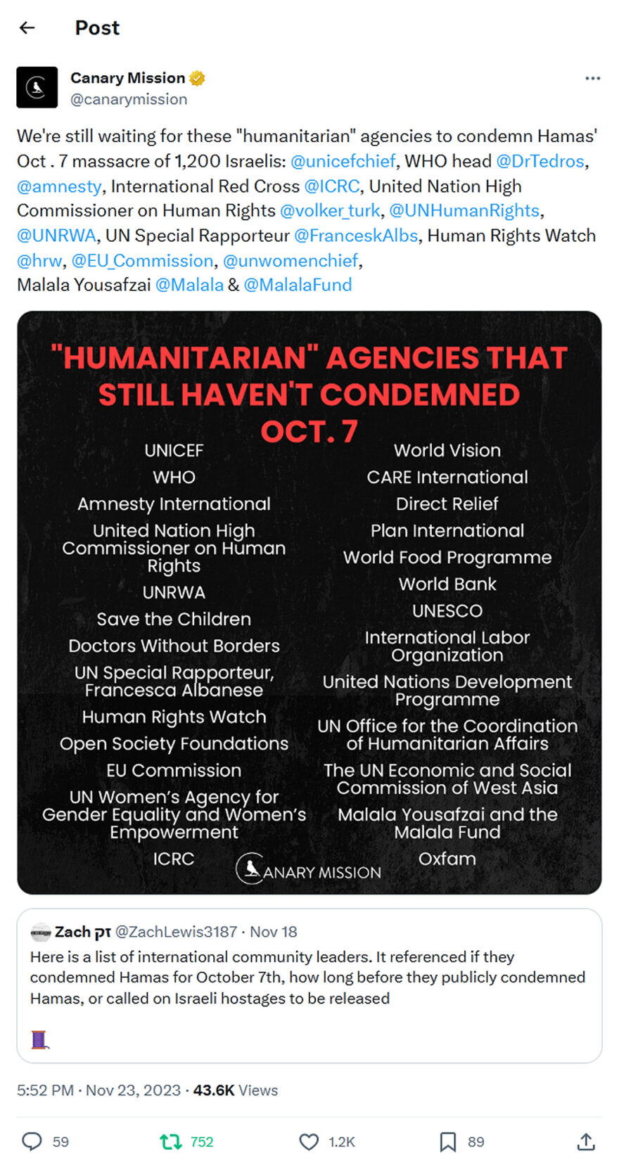 Canary Mission-tweet-23November2023-humanitarian agencies have not condemned 7October
