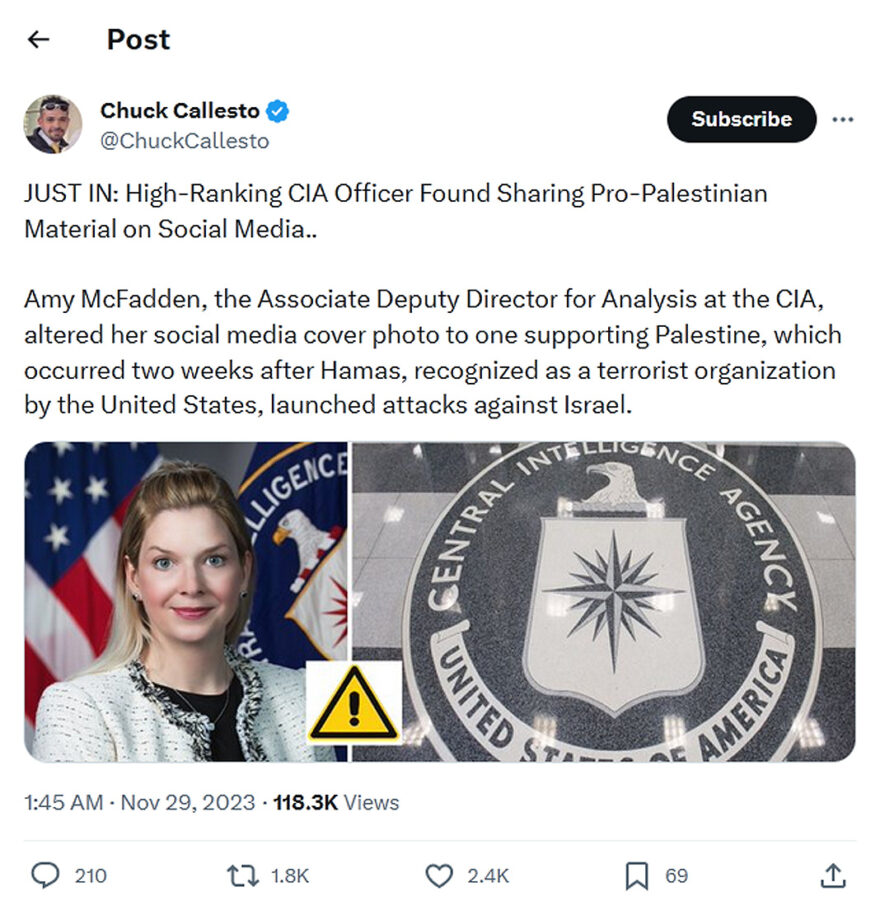 Chuck Callesto-tweet-28November2023-CIA Officer Found Sharing Pro-Palestinian Material