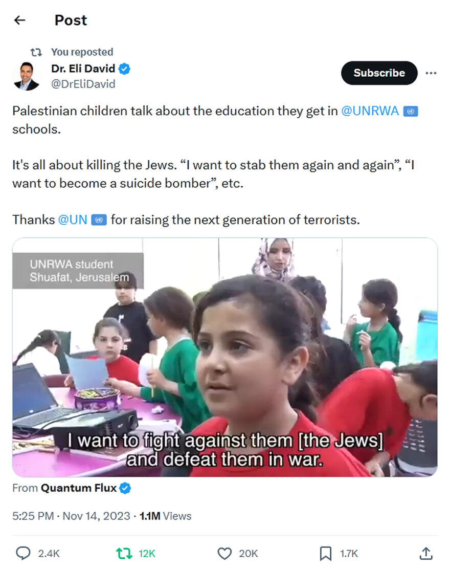 Dr. Eli David-tweet-14November2023-UNRWA-Raising the next generation of Terrorists